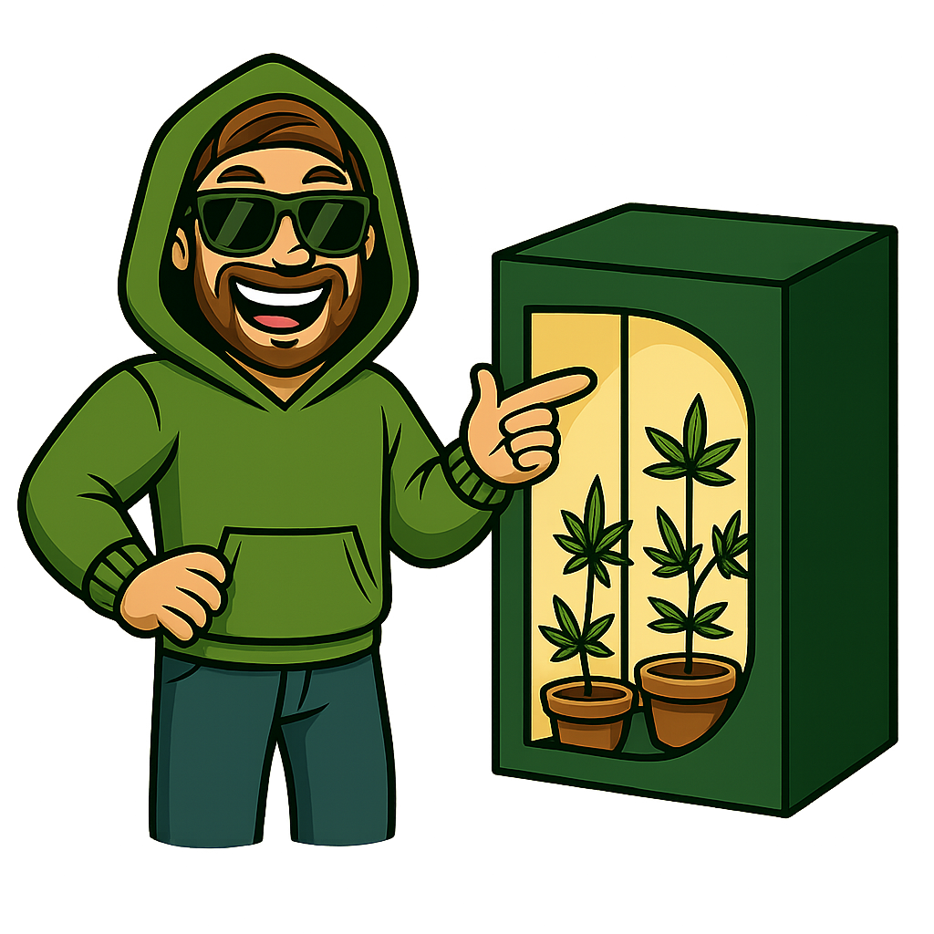 GrowFreaks character standing next to a grow tent with cannabis plants